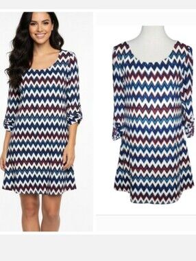 Speechless chevron print roll tab sleeve dress White Blue Women's size large